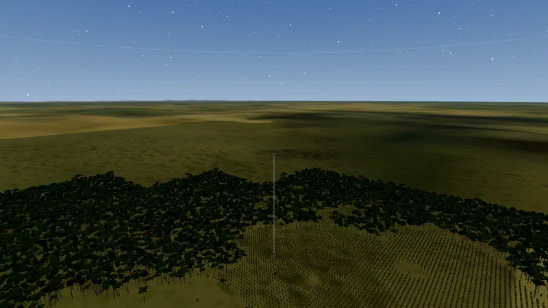 Blocks of dark rainforest standing on a flat yellow-green farming plain, seen from 300 m.
