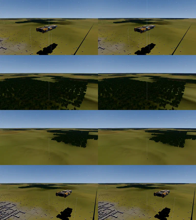 Four pairs of the same views side by side; the right-hand views show more treelines toward the horizon.