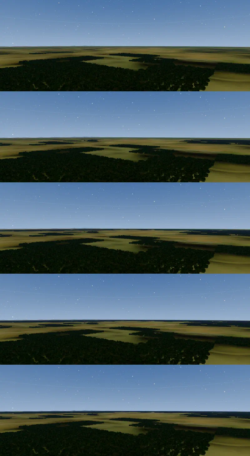 Five copies of the same view stacked, with the forest reaching farther toward the horizon in each.