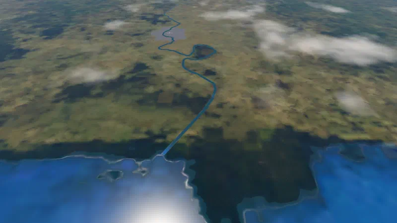 A river winding down a wide plain to the blue Gulf of Thailand, its last stretch running straight to the shore.