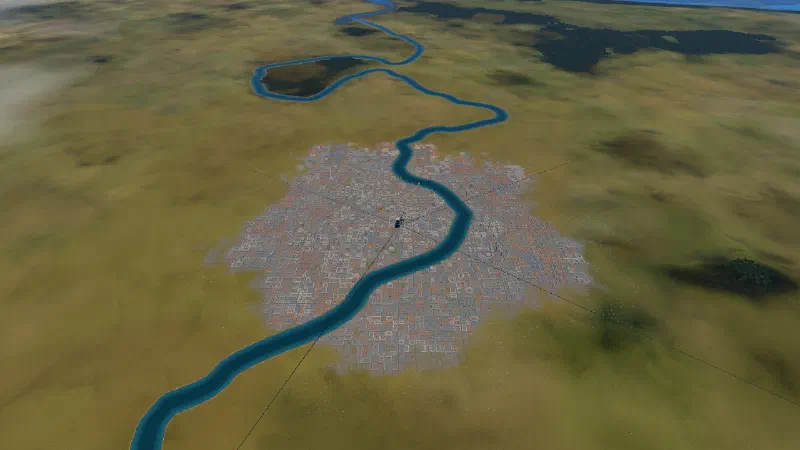 A river winding through a round generated city on a green and yellow plain, forest patches and the sea beyond, seen from about 9 km.