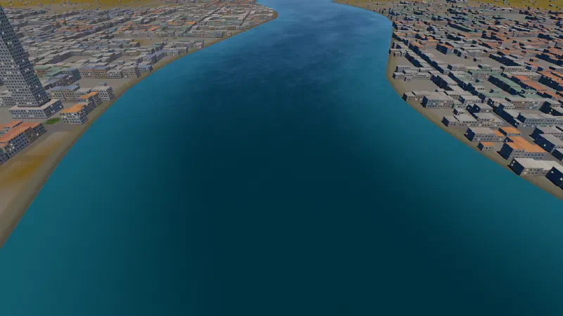 A wide river between two banks of city blocks, light near the banks and dark blue in the middle.