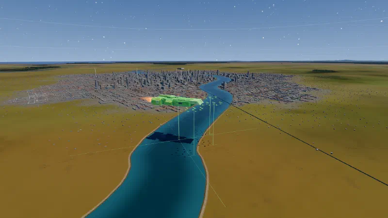 A green civilian carrier flying low along a river towards a city, its fighters close behind.
