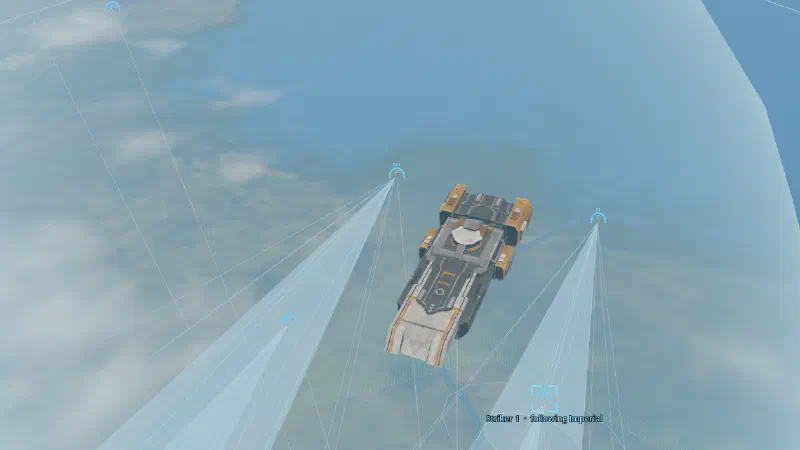 Seen from above the carrier, light-blue gun cones fan out from each fighter, with rings marking the near, medium and far bands.