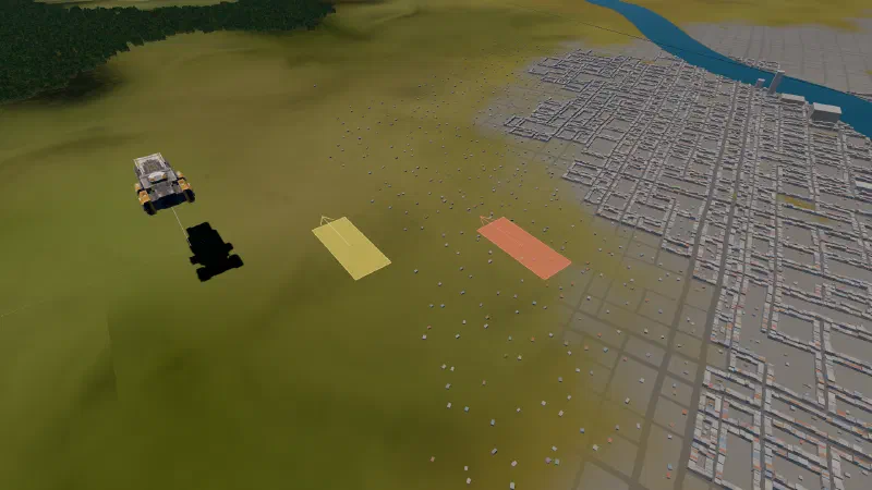 The carrier at Low beside Bangkok, with two landing footprints on the ground: amber on open ground where it can land, red at the town's edge where it can't.