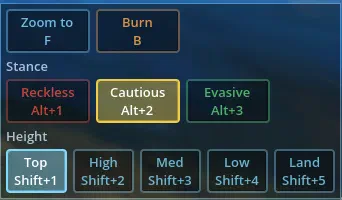 The command card with the stance buttons Reckless Alt+1, Cautious Alt+2 and Evasive Alt+3, and the height buttons Top to Land.