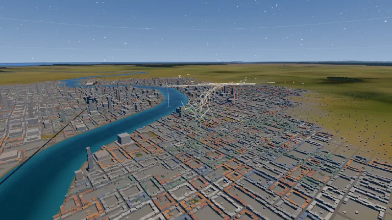 Tracer lines arcing over a city of blocks beside a river, where fighters dogfight over the rooftops.