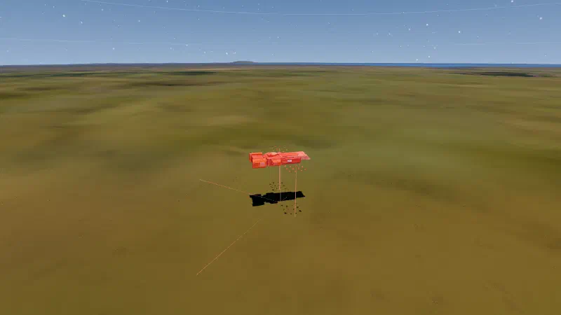 A red raider carrier just above a green plain, a cloud of small fighters spreading out round it.