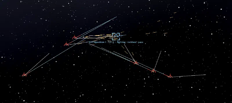 A squadron in a simulated fight among the stars, tracers crossing between it and enemy craft, labelled Sim Squadron 1 · 12/12 · fighting · reckless · pass.