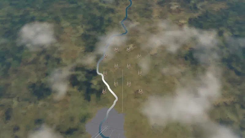 Twelve fighters seen from straight above, in three rows of four, over green-brown farmland beside a river.