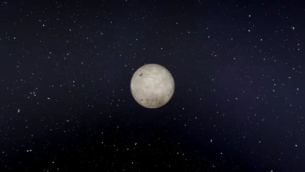 The Moon, mid-size in a starfield, seen from 10,000 km above its far side.