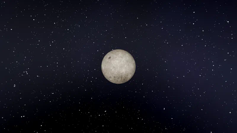 The Moon, mid-size in a starfield, seen from 10,000 km above its far side.