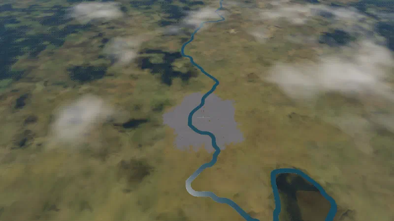The Chao Phraya winding across a wide plain through the grey city of Bangkok, seen from about 20 km.
