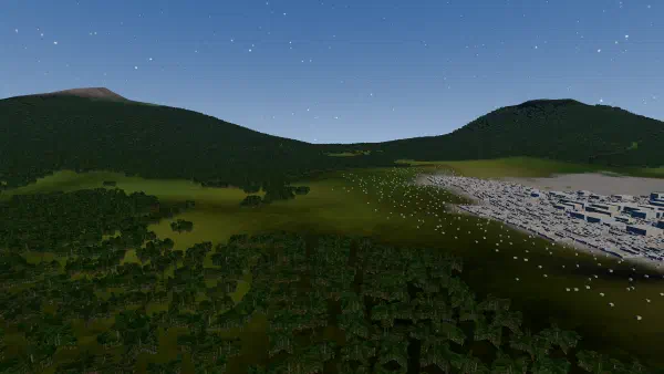 Two forested volcano slopes with a town between them, rainforest in the foreground, seen from 300 m.